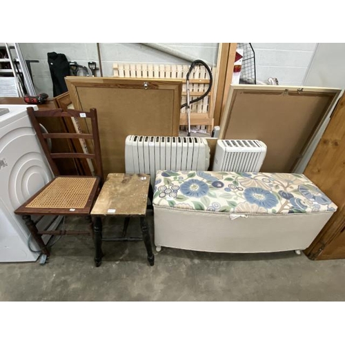 49 - Lloyd Loom style blanket box 48H 105W 40D, Victorian pine stool 44H 38W 29D, DeLonghi Dragon Two ele... 