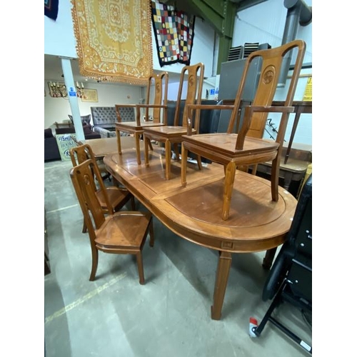 59 - Chinese rosewood extending dining table and 7 chairs including 2 carvers 78H 243W 111D