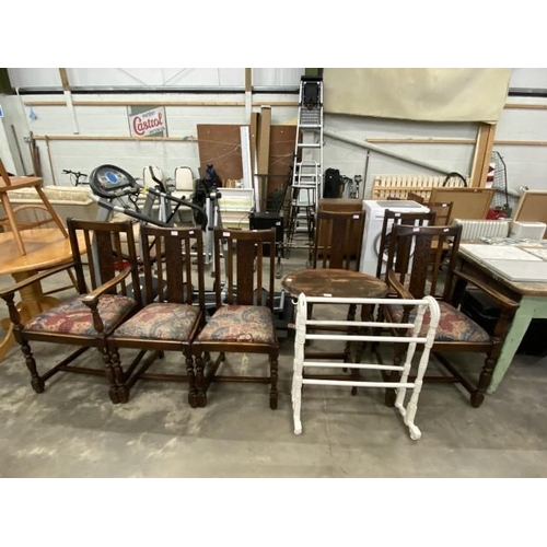 67 - 6 Edwardian oak dining chairs including 2 carvers, oak barley twist lamp table 74H 61W 44D and a pai... 