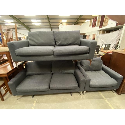 89 - Grey linen effect 3 piece suite (2 settees 175W, armchair 95W)