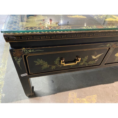 32 - Oriental lacquered 3 drawer coffee table 41H 122W 52D