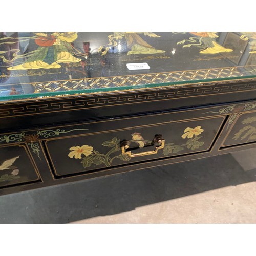 32 - Oriental lacquered 3 drawer coffee table 41H 122W 52D