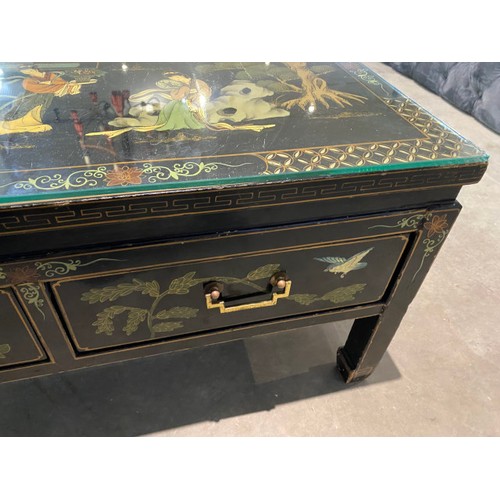 32 - Oriental lacquered 3 drawer coffee table 41H 122W 52D