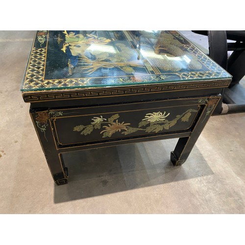 32 - Oriental lacquered 3 drawer coffee table 41H 122W 52D