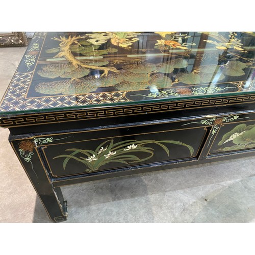 32 - Oriental lacquered 3 drawer coffee table 41H 122W 52D