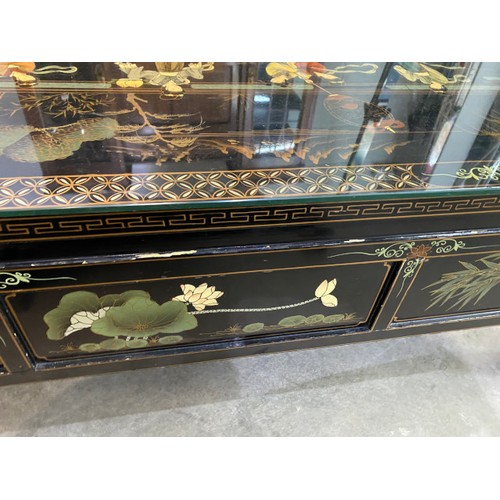 32 - Oriental lacquered 3 drawer coffee table 41H 122W 52D