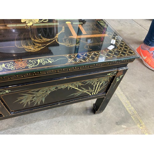 32 - Oriental lacquered 3 drawer coffee table 41H 122W 52D