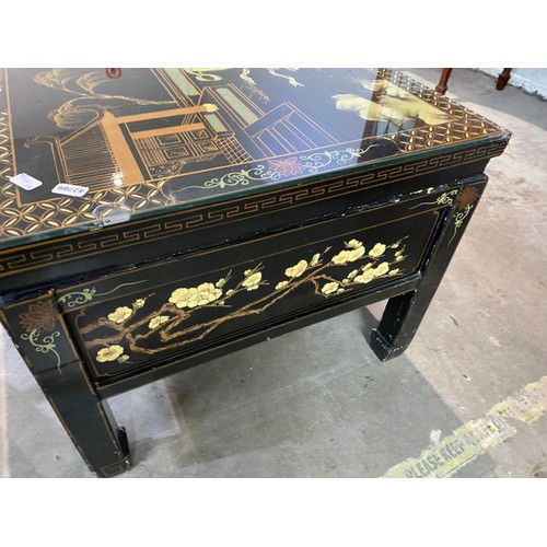 32 - Oriental lacquered 3 drawer coffee table 41H 122W 52D