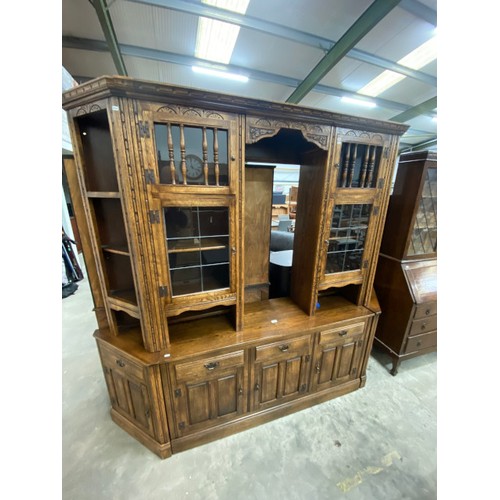 505 - Vintage oak dresser with glazed doors and plate rack 203H 210W 40D