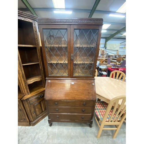 506 - Oak bureau bookcase with leaded glass 196H 89W 40D