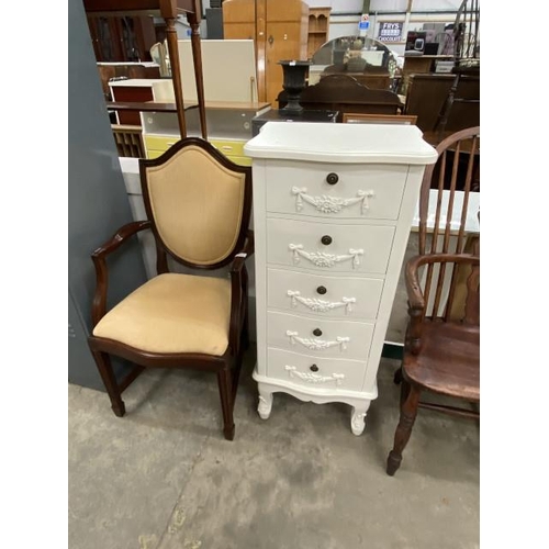 243 - White 5 drawer chest 108H 47W 37D & a mahogany carver side chair