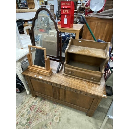 247 - Carved oak linen box 55H 99W 44D, pine dressing table mirror etc