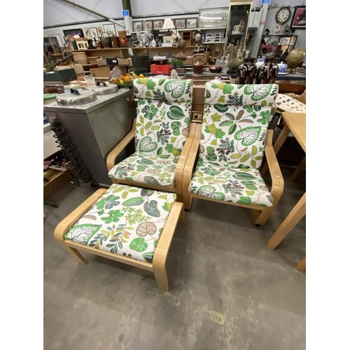 253 - 2 Ikea 'Poang' beech chairs 68W with a matching footstool 68H 39W 50D