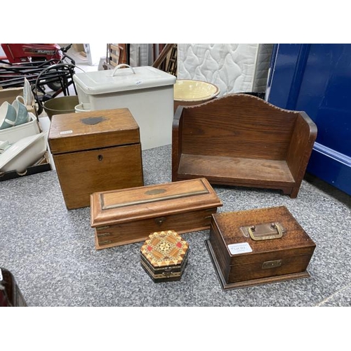 262 - Oak book rack, Elkington & Co. cutlery case, trinket box, brass bound case etc.