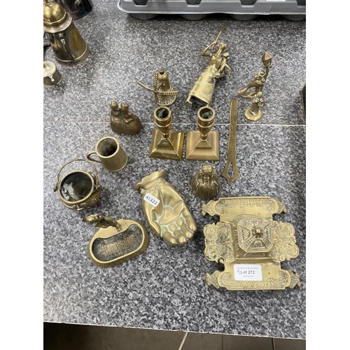 272 - Selection of brass collectables inc. inkwell, candlesticks, page turner, figures etc.