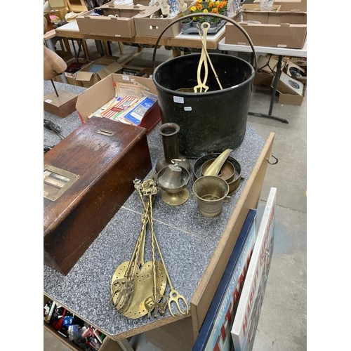 277 - Riveted log bucket 29H 37Diam, copper beaten vase, brass chestnut roaster & other brass collectables