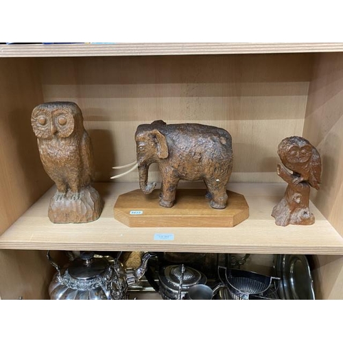 302 - 2 carved owls and a carved elephant