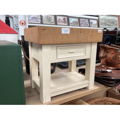 543 - Apprentice painted oak butchers block 32H 34W 24D