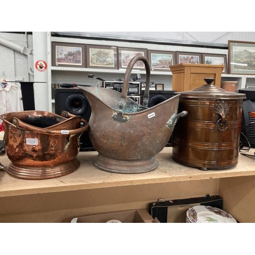 545 - 2 antique copper coal scuttles and a copper coal bin with liner