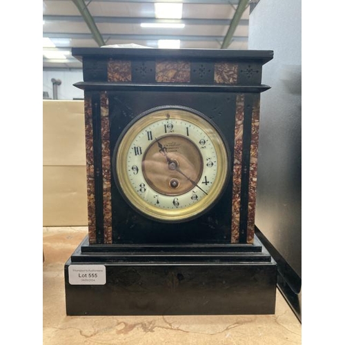 555 - 19th century slate & marble mantel clock with key & pendulum