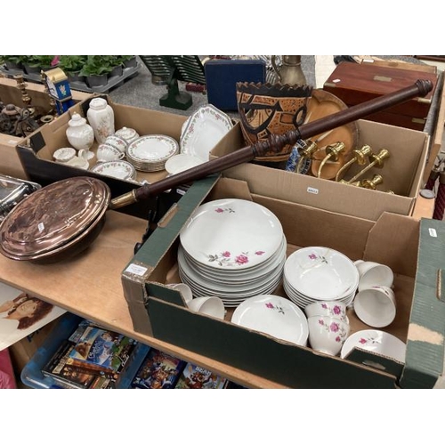 587 - Copper warming pan, 2 boxes of china including Aynsley, Croft China, Chinese table wares (some a/f) ... 