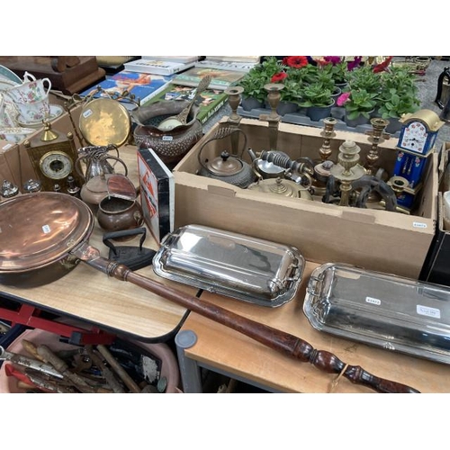 588 - Assorted metal wares including copper warming pan, kettle, vase etc, brass candlholders, kettles, go... 