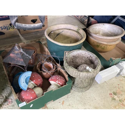 598 - Assorted garden ornaments including toadstools, lantern etc, 4 ceramic planters, bird bath 26 H etc