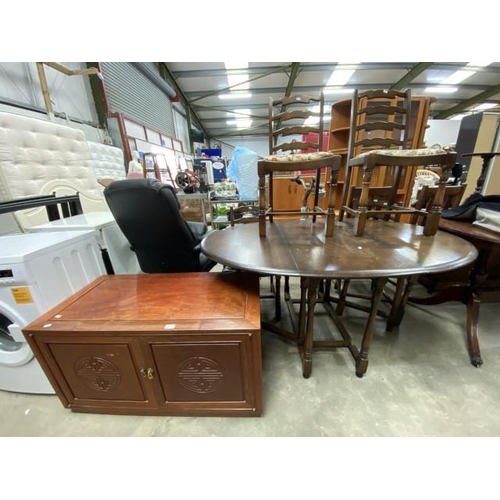 73 - Oriental fruitwood 2 door sideboard 56H 102W 51D, Oak drop leaf table 73H 156W 107D and 4 chairs