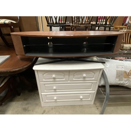 80 - Contemporary oval media stand 38H 140W 38D & white 2 over 2 chest of drawers 74H 91W 49D