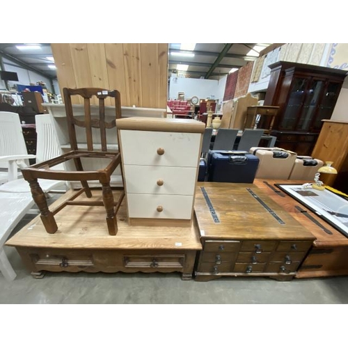 83 - Oak 9 drawer box coffee table 45H 75W 75D, painted plate rack 77H 92W 19D, pine coffee table 39H 119... 