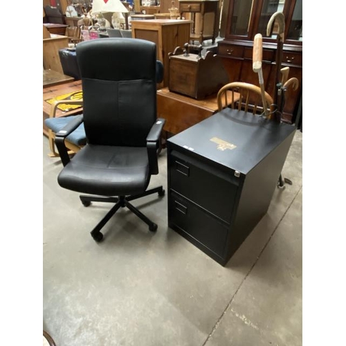 87 - Black faux leather swivel office chair 63W & a metal 2 drawer filing cabinet 71H 47W 62D