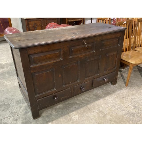 89 - 18th century oak mule chest 90H 148W 58D (as found)