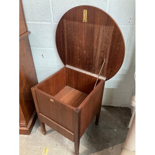 36 - 1930's teak sewing box/table 62H 63cm diameter