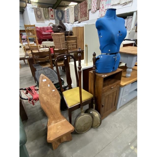 104 - Oak effect cupboard 76H 41W 25D, table top dress makers mannequin, mahogany dining chair etc