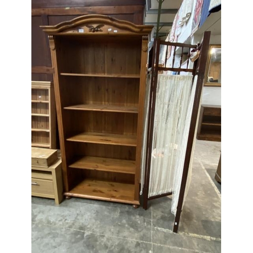 109 - Pine bookcase 184H 94W 37D & a three fold dressing screen