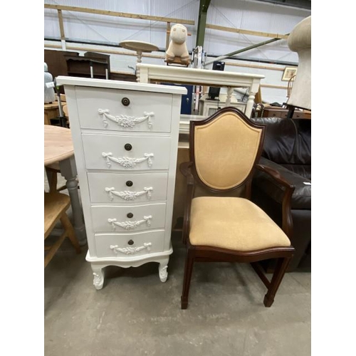 117 - White 5 drawer chest 108H 47W 37D & a mahogany carver side chair