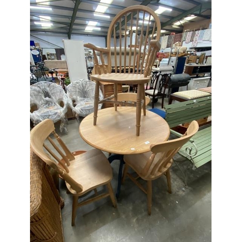 13 - Pine circular table 75H 90cm diameter and 4 pine chairs including 1 carver