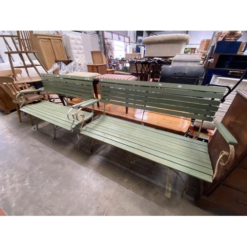 14 - Pair of matching Edwardian wrought iron strap work garden benches (both 126cm wide)