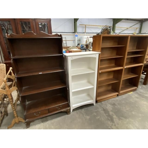 141 - Mahogany waterfall bookcase 150H 76W 38D, white bookcase 116H 63W 29D & 2 teak bookcases 146H 69W 26... 