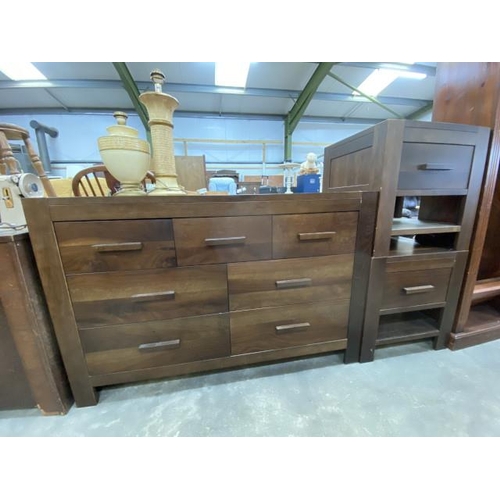 144 - Bentley Designs 'Lyon' walnut chest of drawers 88H 134W 50D and a matching pair of bedside chests 58... 