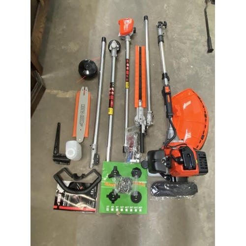 15 - Wolf Creek 58CC five in one long reach hedge trimmer, strimmer, pruner, chainsaw, brushcutter and ex... 