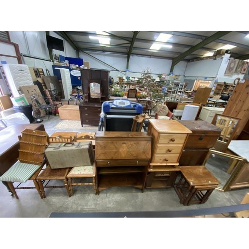 152 - Oak nest of 3 tables 48H 48W 33D, pine 3 drawer chest 64H 46W 40D, oak Larkin bureau 104H 76W 25D, 3... 