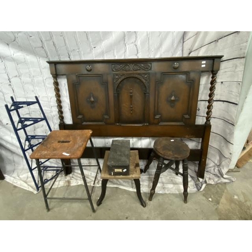 159 - Edwardian carved oak double headboard, Victorian stool, mid century stool, cast pan stand etc