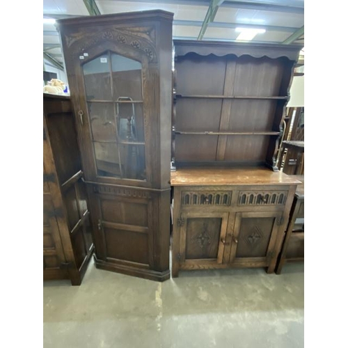 18 - Carved oak corner display cabinet 117H 70W 38D & a carved oak Welsh dresser 175H 91W 43D