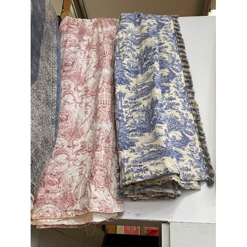 199 - Pair of blue Toile de Jouy lined curtains & one pair of pink Toile de Jouy lined curtains 200d x 90w