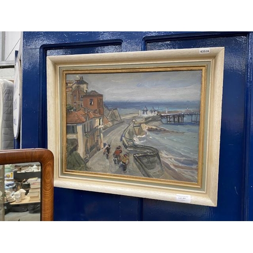 261 - Framed oil on canvas of a seaside pier, signed to bottom left 41 x 51cm