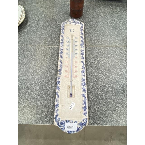 271 - French blue & white ceramic outdoor thermometer (centigrade) 52H 12W