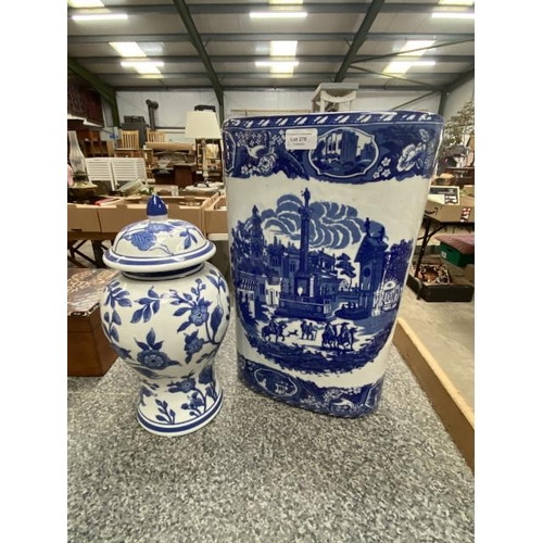 278 - Victoria Ware Ironstone blue & white stick stand 44H and a blue and white lidded urn 35H