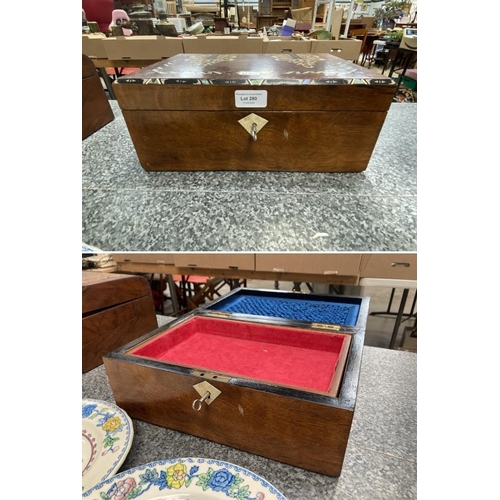 280 - Victorian oak and burr walnut inlaid jewellery box with one key 14H 34W 23D