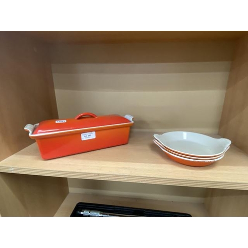 290 - 3 Le Crueset gratin dishes and a lidded meatloaf/ pate dish